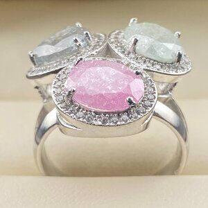 Rare Vintage Sterling Silver 925 Pink, White, Gray "Crackle" Gemstones Ring sz 7